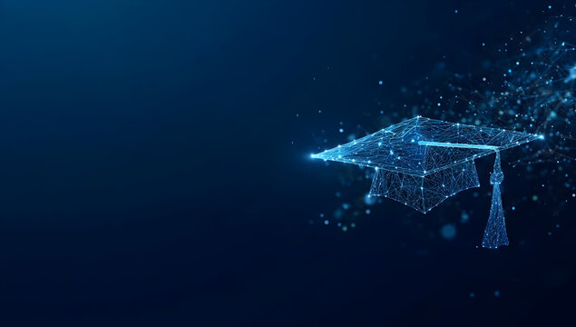 Digital representation of a graduation cap made of particles, symbolizing education and achievement in a modern, tech-driven world.