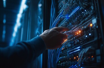 Technician's hand inspects server cables in a dark, illuminated data center for network maintenance
