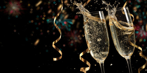 happy new year 2026, new year's eve celebration holiday long banner - Toasting with champagne glasses, sparkling wine, clink glasses, ribbons and firework pyrotechnics, isolated on black background