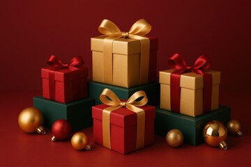 Obraz premium Festive Gift Boxes with Bows and Ornaments on a Red Background for Holiday Celebrations