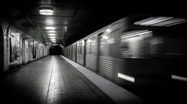 Monochrome Subway Train Speeding Through Station, Capturing Motion and Urban Transit in a Dramatic Scene