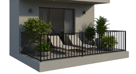 Modern Balcony Design with Lounge Chairs and Potted Green Plants