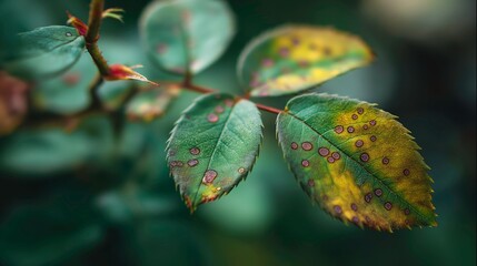 Close-up of Diseased Rose Leaves with Black Spot Fungus