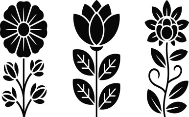 Stylized flower silhouette set, tulip, daisy, rounded bloom, black vector floral design, botanical clipart, minimal art, editable illustration
