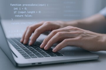 Coding Professional Typing on Laptop with Abstract Code Overlay, Representing Software Development and Cybersecurity Concepts