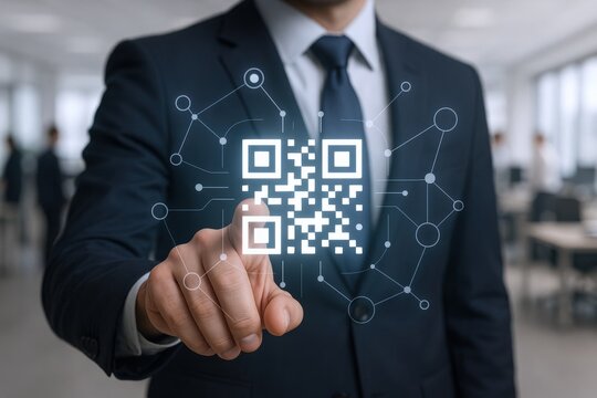 Businessman Interacting with QR Code Interface: Modern Technology and Digital Connectivity in Business Operations
