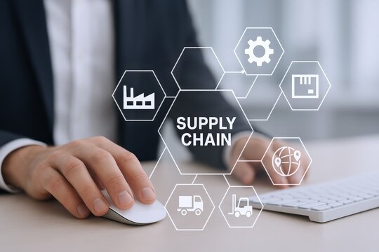 Supply Chain Management Concept: Man Using Computer with Digital Icons Displaying Logistics and Operations - Powered by Adobe