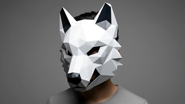 Geometric white wolf mask on a person creative studio shot gray background.