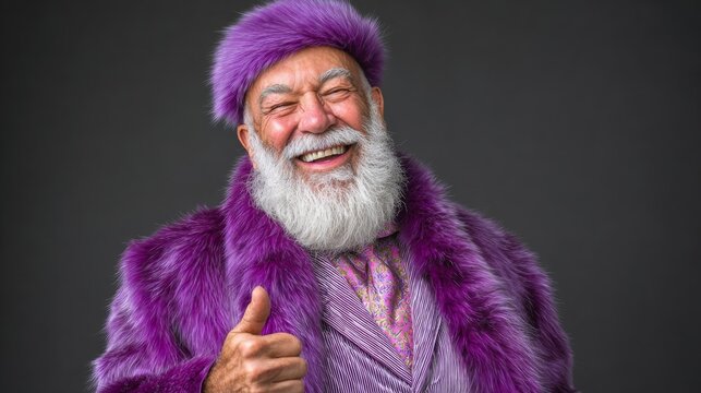 Senior man with a joyful expression, wearing a vibrant purple fur coat and matching hat, giving a thumbs-up gesture, exuding confidence and charisma in a studio setting with a neutral background