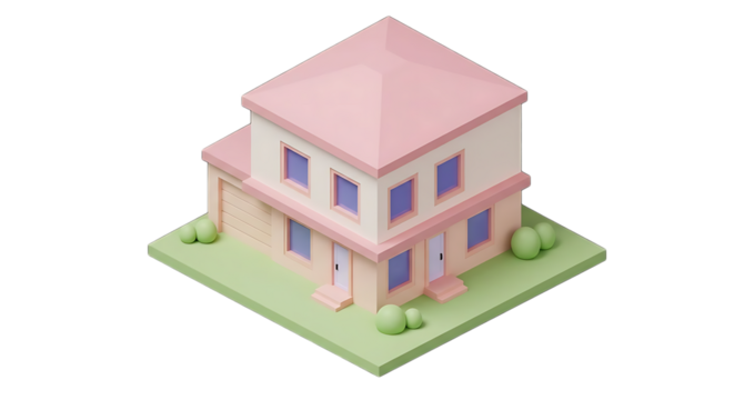 Minimalistic 3D Render of a Pink House with Green Landscaped Yard