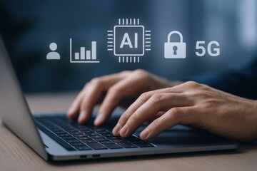 Human Hands Typing on Laptop Keyboard with AI, Security, 5G Icons in Futuristic Workspace