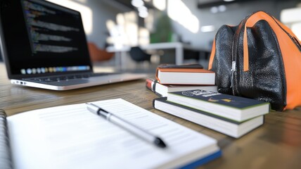 Student doll, sitting at a desk with books and a laptop, study atmosphere, 3D illustration , closes up