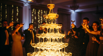Champagne tower celebration with cascading drinks for wedding, anniversary, or corporate event