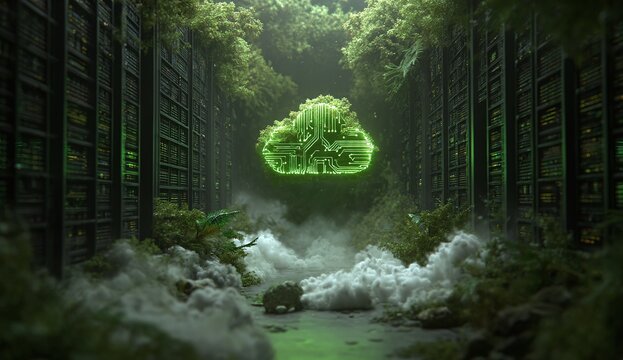 Vibrant digital cloud floats amid overgrown servers shrouded in fog and lush greenery - Powered by Adobe
