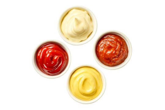 Four condiment bowls arranged in a diamond isolated on transparent background