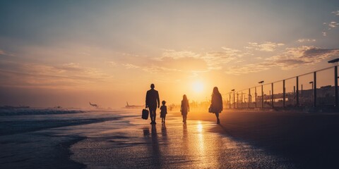 Fototapeta premium Family Vacation at Sunset: Silhouette of Parents and Children Walking on the Beach with Warm Golden Light