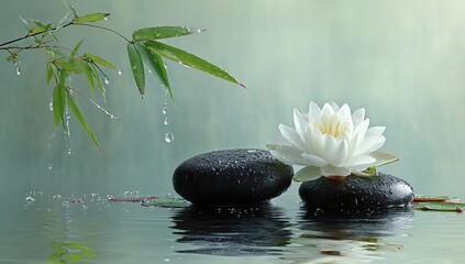 Water drips from bamboo onto smooth stones with a water lily blooming nearby
