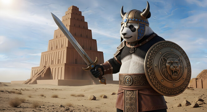 Majestic panda warrior in ancient armor, holding a sword and shield, stands before grand ziggurat ruins in a desert, embodying courage and mythical legends
