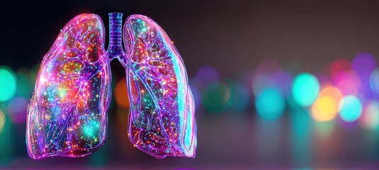 A vibrant, digital illustration of human lungs glowing with colorful lights against a blurred, multicolored background.