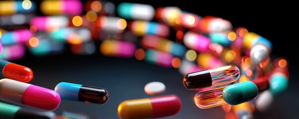 Colorful capsules and pills scattered and floating against a dark, blurred background with glowing bokeh lights.