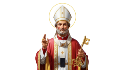 Religious figure with red and white robes holding a golden ornate key
