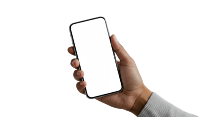 Gender-neutral hand holds sleek unbranded smartphone with blank screen. Neutral top, clean high-key studio, soft bokeh, digital potential, seamless connectivity concept.