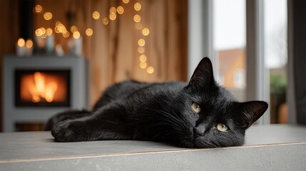 Black cat lounging on a countertop, with a cozy fireplace glowing in the background, surrounded by warm ambient lighting, creating a serene and inviting atmosphere for relaxation
