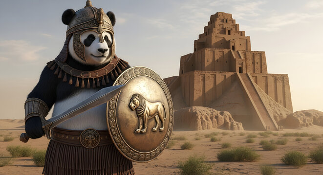 Ancient Babylonian Warrior Panda Guarding Sacred Ziggurat Temple in Desert Landscape
