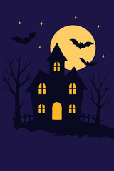 Spooky haunted house with full moon, bats, and dark night sky.