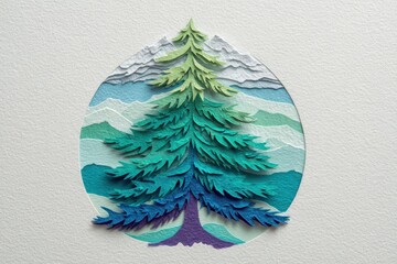 Colorful Paper Cut Art of a Mountain Pine Tree with Layered Background