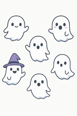 Collection of cute cartoon ghosts with funny expressions.
