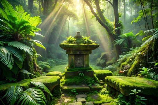 Ancient Stone Shrine Amidst Lush Greenery A Tranquil Forest Sanctuary Bathed in Golden Sunlight Evoking Peace and Mystical Beauty