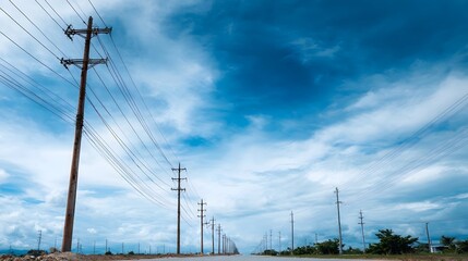 Electricity transmission lines and utility poles against a blue sky