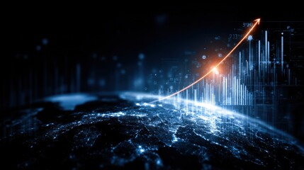 Global Business Growth Trajectory: Upward Arrow on Earth with Data Visualization, Chart Background Depicting Progress