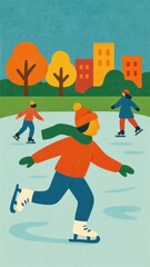Fototapeta premium Colorful winter ice skating scene.