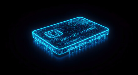 Electronic Chip Glowing Blue on Black Background for Data Processing