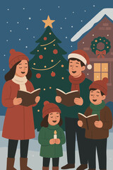 Group of family members singing Christmas carols outdoors by the tree.