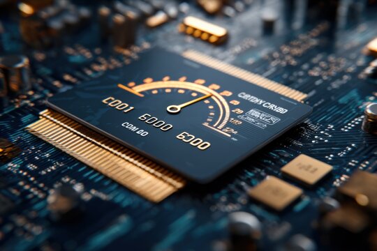 High Performance Microchip on Circuit Board Depicting Speedometer for Fast Computing and Advanced Technology