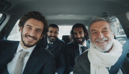 Four Diverse Businessmen Sharing a Ride, Celebrating Success and Enjoying Travel Together in a Car
