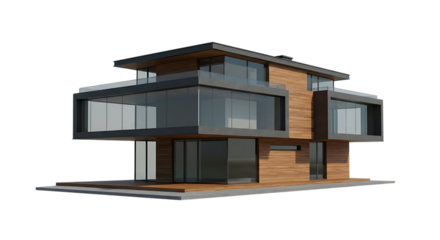 Modern Two-Story Glass and Wood Home Against Solid Transparent Background