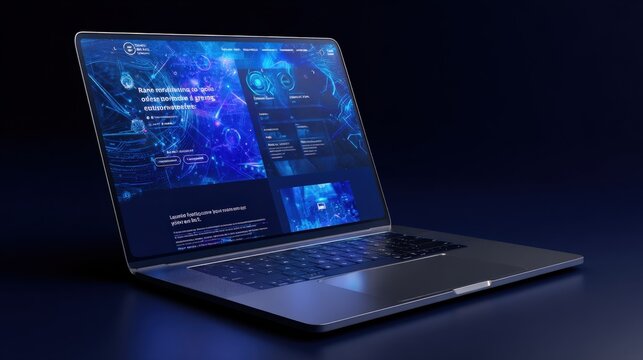 Laptop Displaying Modern Interface Design with Abstract Blue Graphics and Data Visualization for Business Presentation
