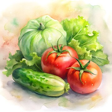 Vibrant watercolor painting of fresh garden vegetables