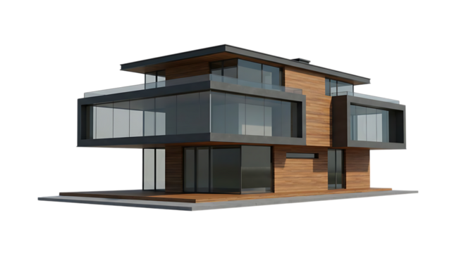 Modern Two-Story Glass and Wood Home Against Solid Transparent Background