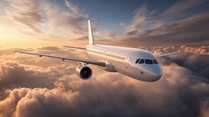Obraz premium Commercial Airplane Ascending Above Fluffy Clouds at Sunset, Symbolizing Travel and Aviation Technology
