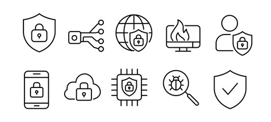 Cybersecurity and Data Protection Vector Line Icons Set