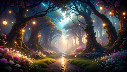 Obraz premium 光の粒が舞う幻想の花森 — ランタンと小径が導くドリームフォレスト