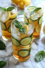 Fototapeta premium Refreshing lemon mint cucumber beverage recipe for a light and natural kitchen drink