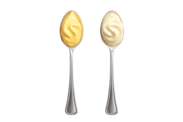 Two spoons with yellow and white sauces isolated on transparent background