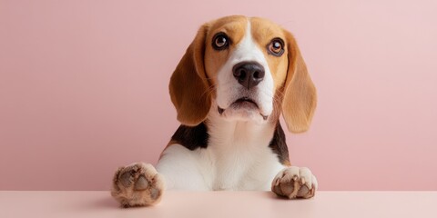 Adorable Beagle Puppy Peeking Over Table Edge Against Soft Pink Background, Expressive Eyes