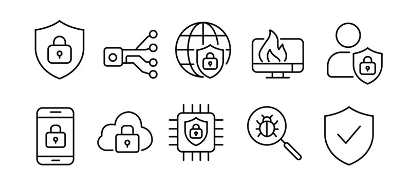 Cybersecurity and Data Protection Vector Line Icons Set